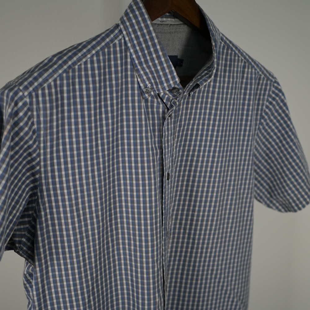 Ermenegildo Zegna Sport Mens L Blue Check Short Sleeve Button down Slim Fit